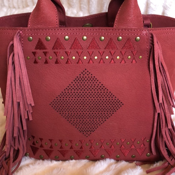 Lucky Brand Red leather Fringe Bucket Bag with crossbody strap Tribal Pattern - Picture 3 of 14